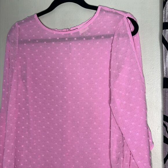 A New Day Pink Swiss Dot Blouse Cold Shoulder Ruffles Long Sleeve XS New - Picture 2 of 10